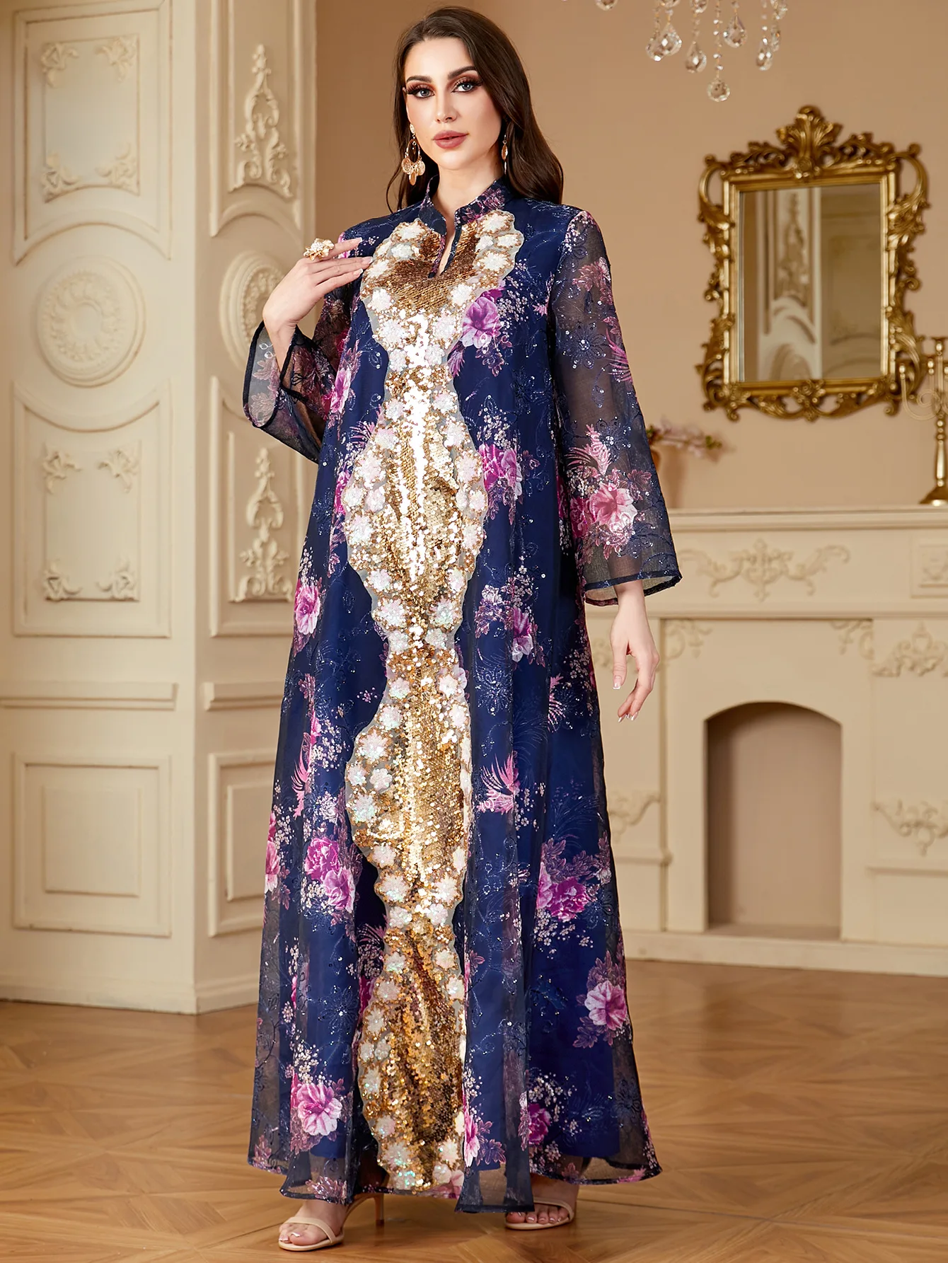 

Eid Morocco Sequin Jalabiya Floral Abayas for Women Turkey Kaftan Dubai Muslim Dress Islam Clothing Ramadan Femme Caftan Party