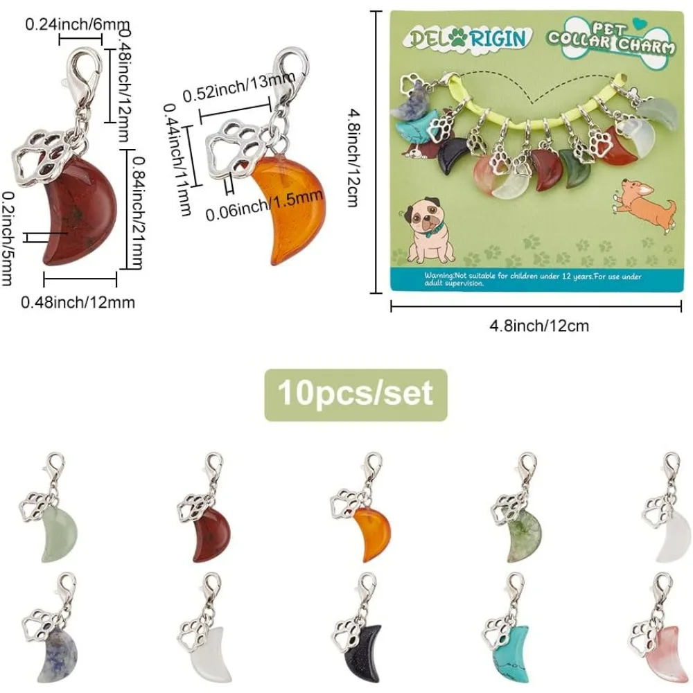 12pcs Natural Gemstone Pet Collar Charms Moon Shaped Jewelry Charms Colorful Dog Paw Pet Puppy Collar Pendants making kit