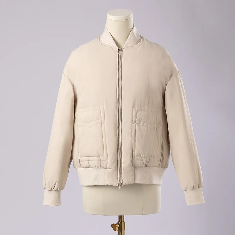 K1906L レディース 高級ホワイトグースダウンフェザーコート 長袖 小さな直立襟がおしゃれなアウターウェア