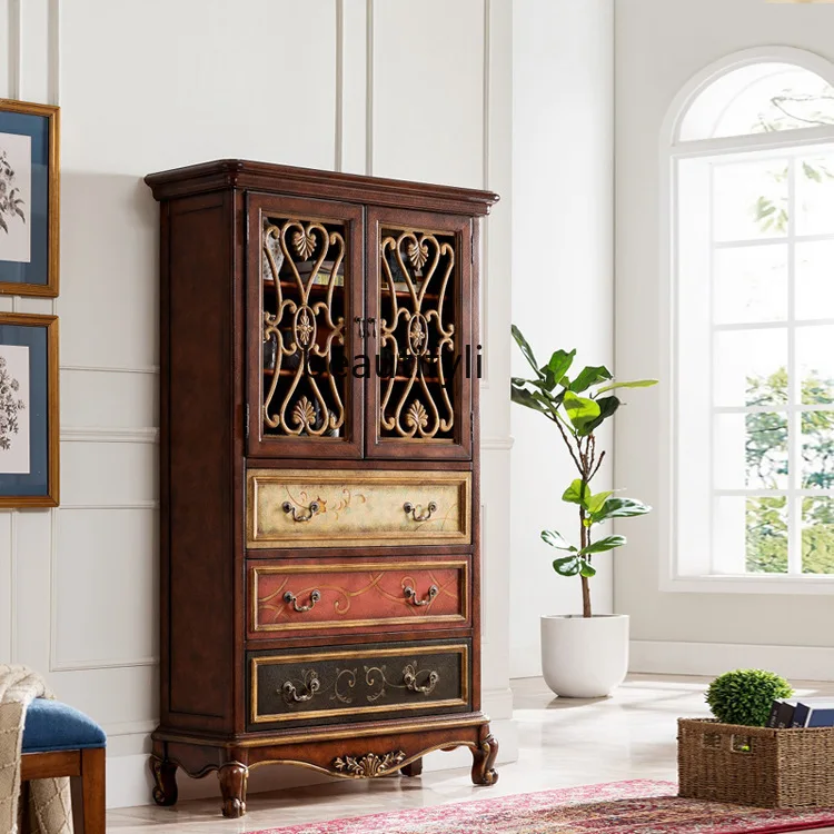 

American Style Restaurant Wine Cabinet Three Drawers Two Doors TV Side Storage Cabinet Villa Hollow Bookcase