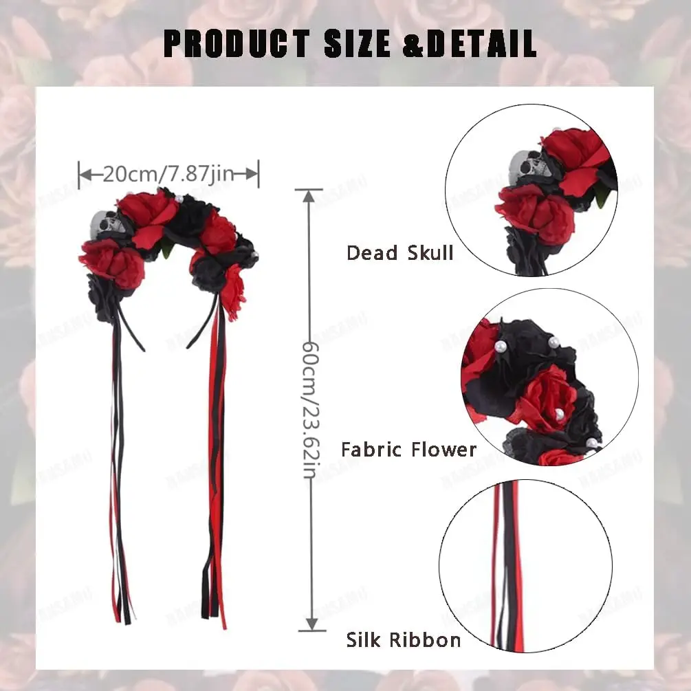 Opaska z meksykańskimi kwiatami Dzień Zmarłych Róża Kwiatowa Korona Nakrycie Głowy dla Kobiet Dziewcząt Kostium na Halloween Ślub Cosplay (Czarno-Czerwona)