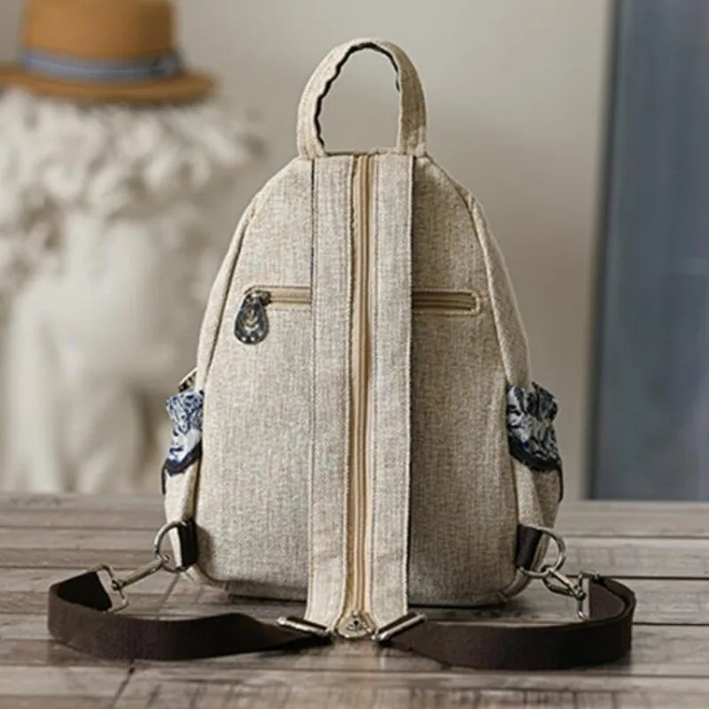 Women Retro Style Lightweight Canvas Backpack Ethnic College Schoolbag for Girls Multi Pocket Handwoven Casual Travel Bags