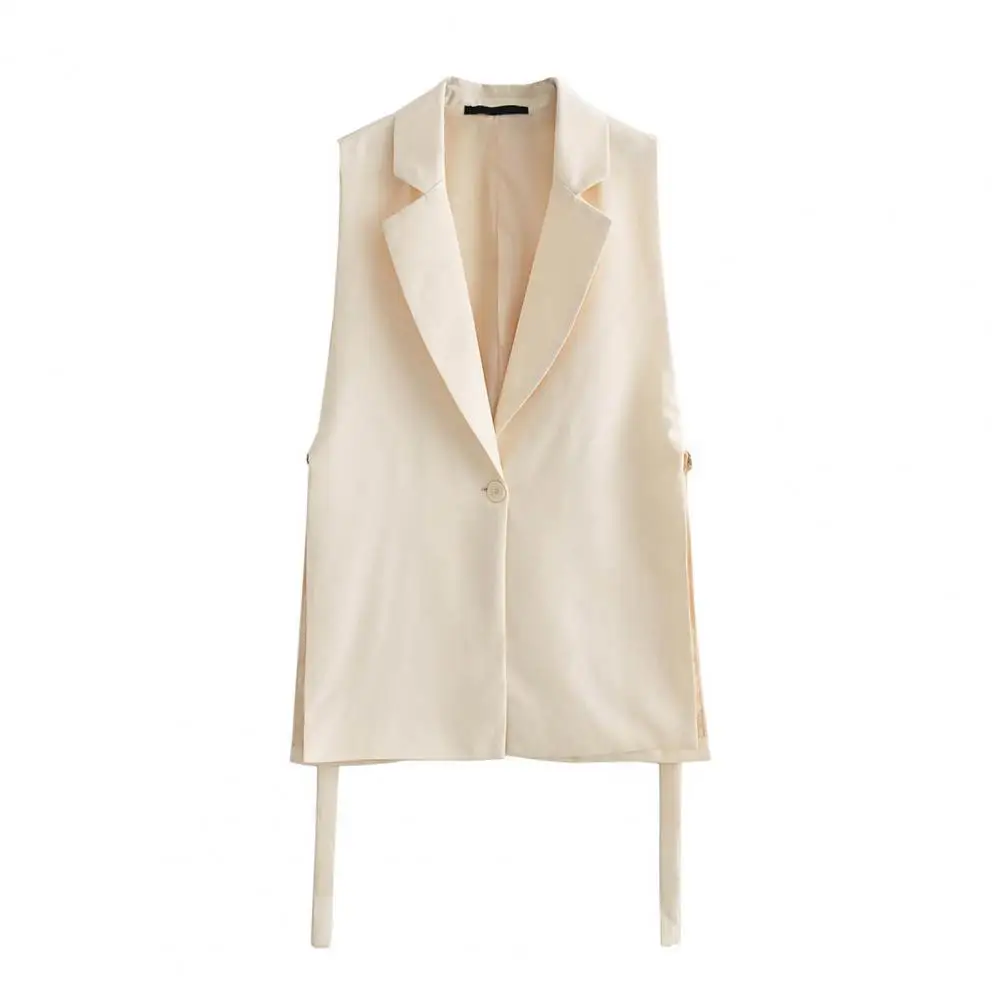 Elegant Women Blazer Vest Coat Loose Single Button Cardigan Strap Decor Mid Length Sleeveless Formal Suit Vest Waistcoat