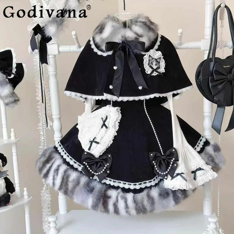 Autumn Winter Lolita Loose Versatile Lace Cape Sweet Bow Camisole Dress Crew Neck White Long Sleeve Undershirt Three-piece Sets