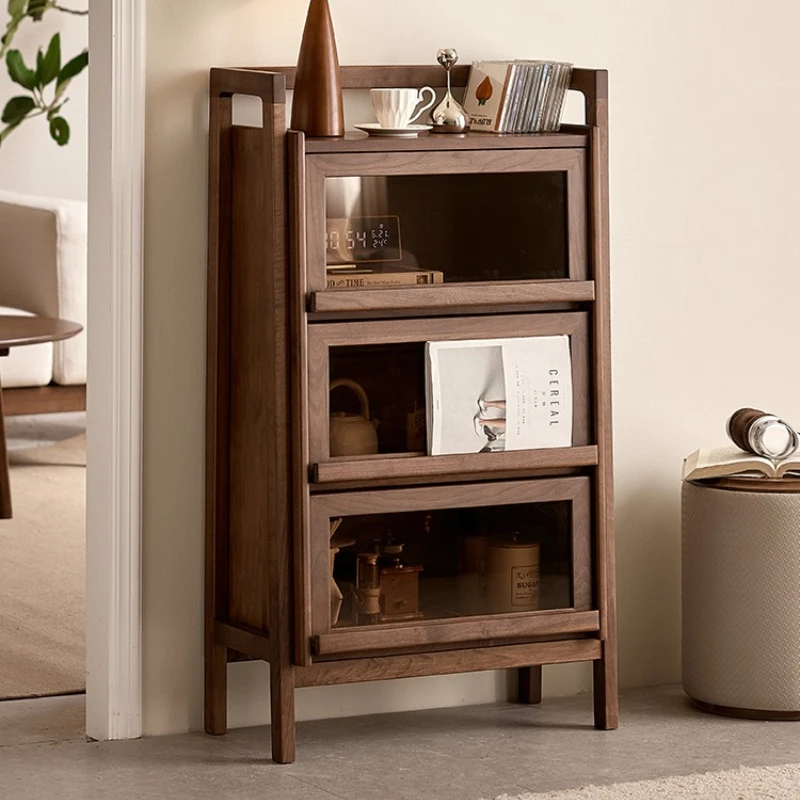 

Black walnut bookcase Nordic simple solid wood home display cabinet against the wall TV glass side cabinet
