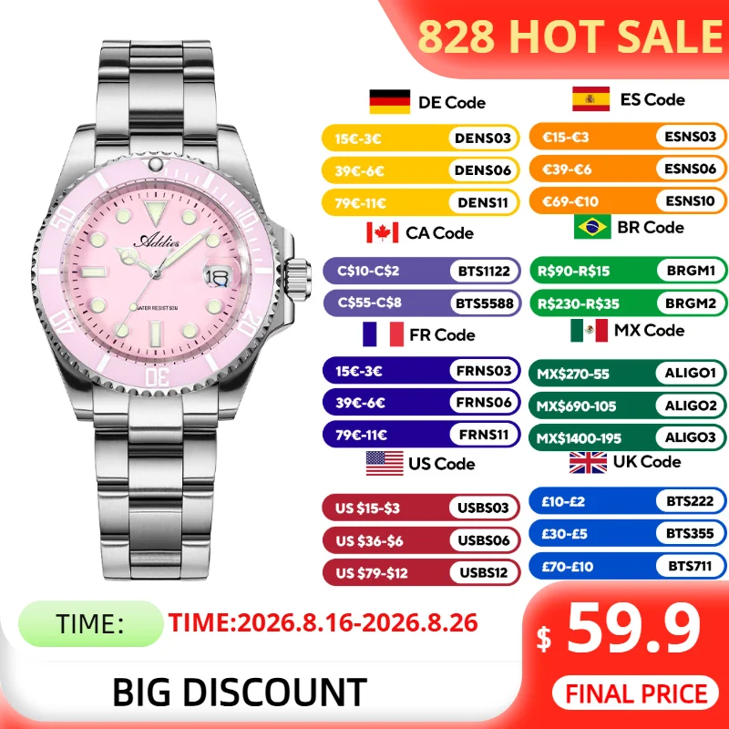 ADDIES 2026 Luxury Women's Watch Stainless Steel GM12 Quartz Ladies Wristwatch 36mm BGW9 C3 Super Luminous 50m Waterproof Sport