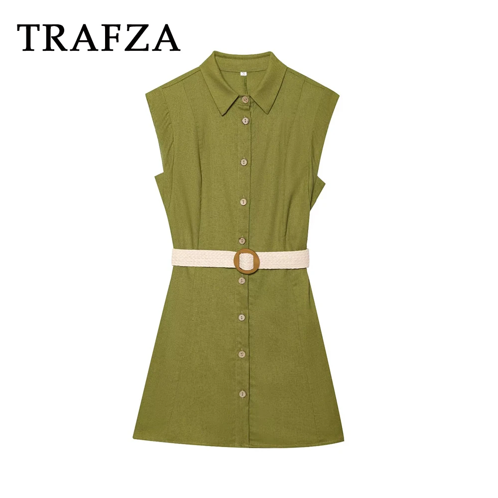 

TRAFZA Vintage Solid Woman Dresses Single Breasted Sashes Mini Dress Sleeveless Fashion 2025 Summer Female Draped Vestidos