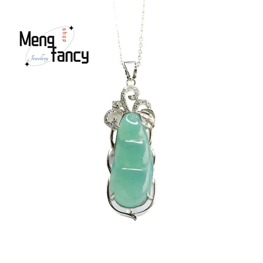 S925 Silver Inlaid Natural Jadeite Ice Blue Water Four Season Bean Pendant Exquisite Elegant High-grade Luxury Fashion Jewelry