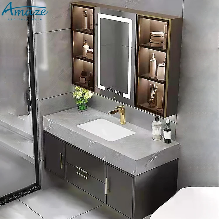 Mueble de baño con espejo inteligente, mueble con diseño de madera contrachapada, estilo moderno, para Hotel y hogar