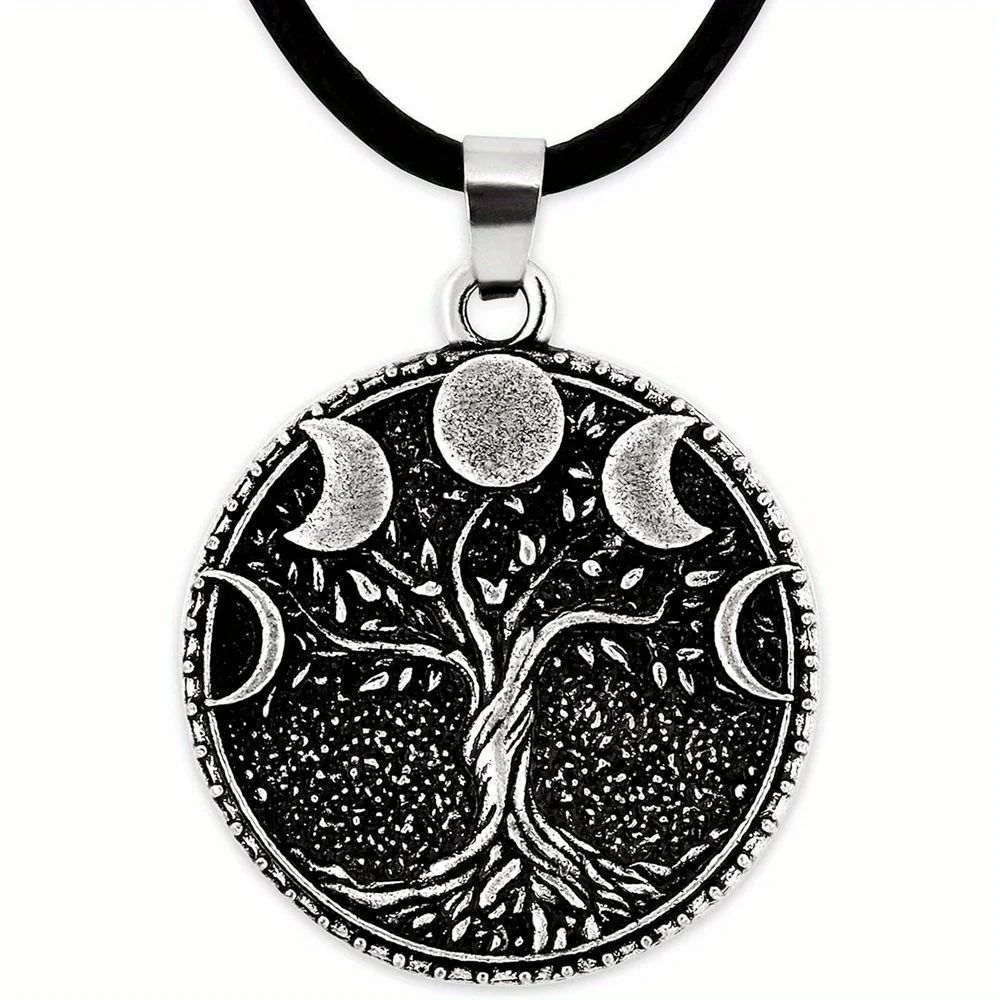 1pc Antique Style Round Pendant Necklace with Sun & Moon & Tree of Life Detail, Cool Jewelry GiftAnniversary Party Gifts Jewelry