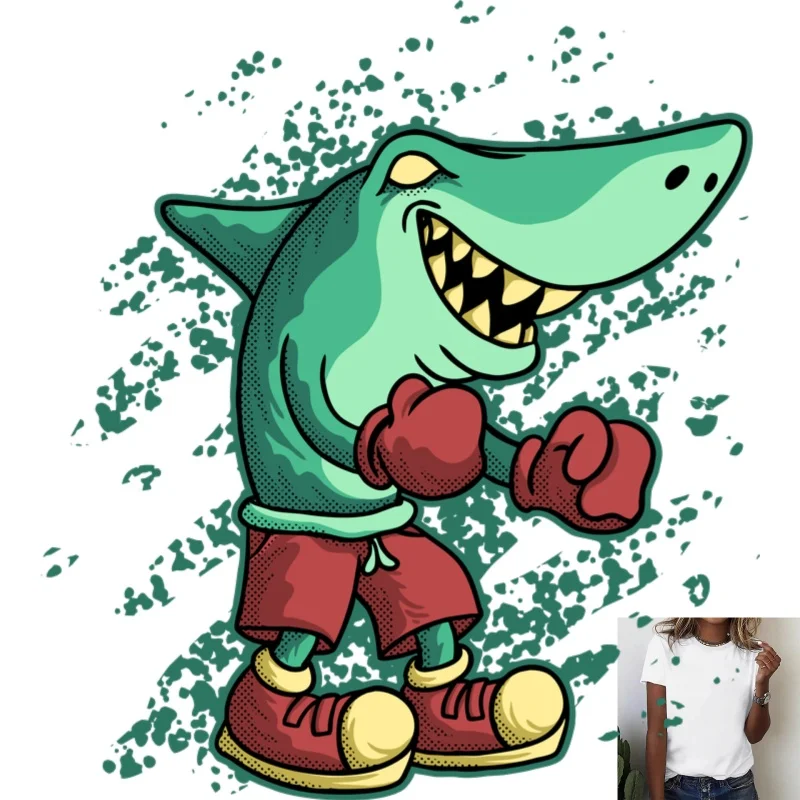 Trendy Boxing Shark Heat Transfer White Ink Iron - on Patch, Graffiti Style, Suitable for T - shirts/Canvas Bags/Clothes,