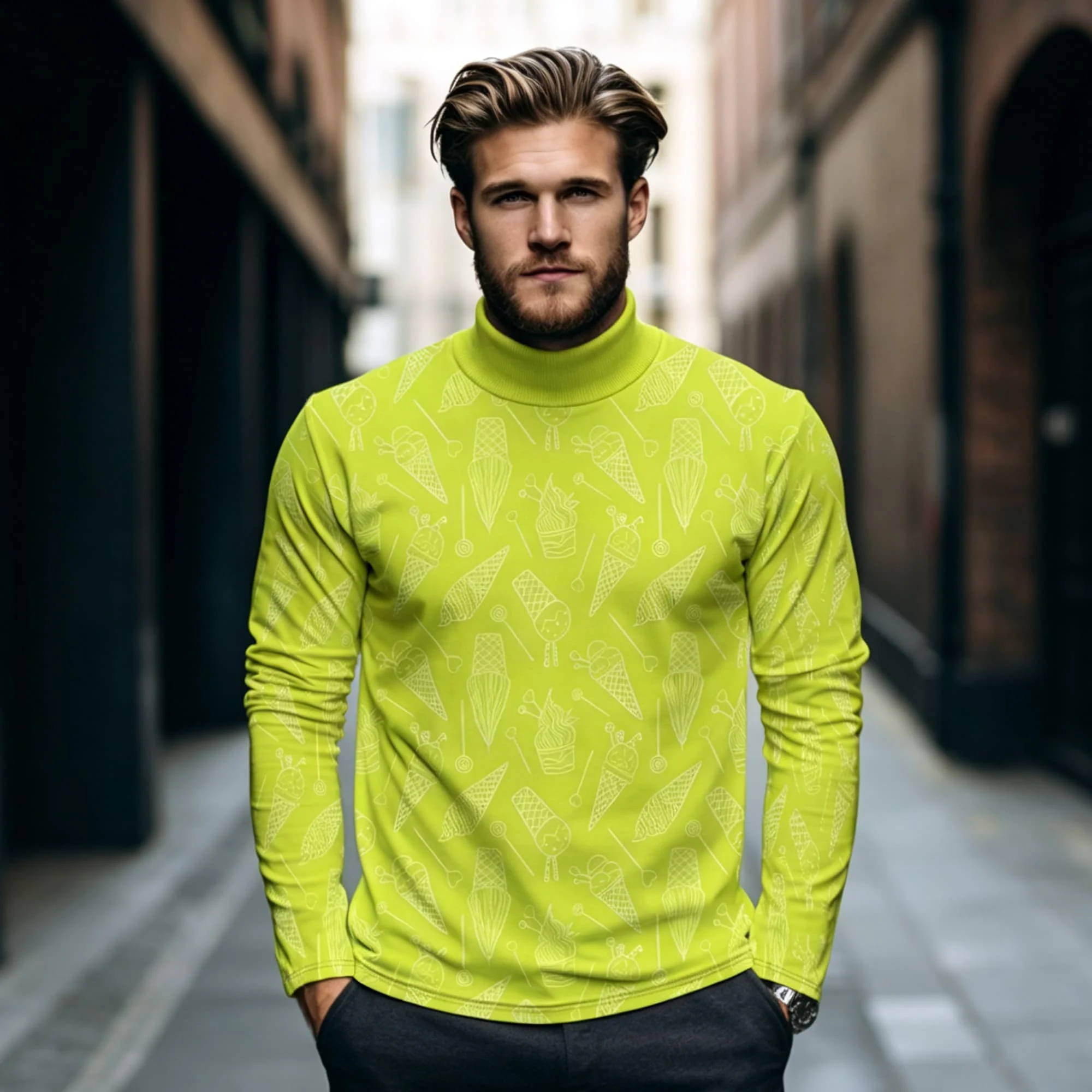 Novelty Dessert Graphic Men Mock Neck Long‑Sleeve Shirt Sketch Line All Over Print Lime Green Casual Streetwear Daily Fashion To