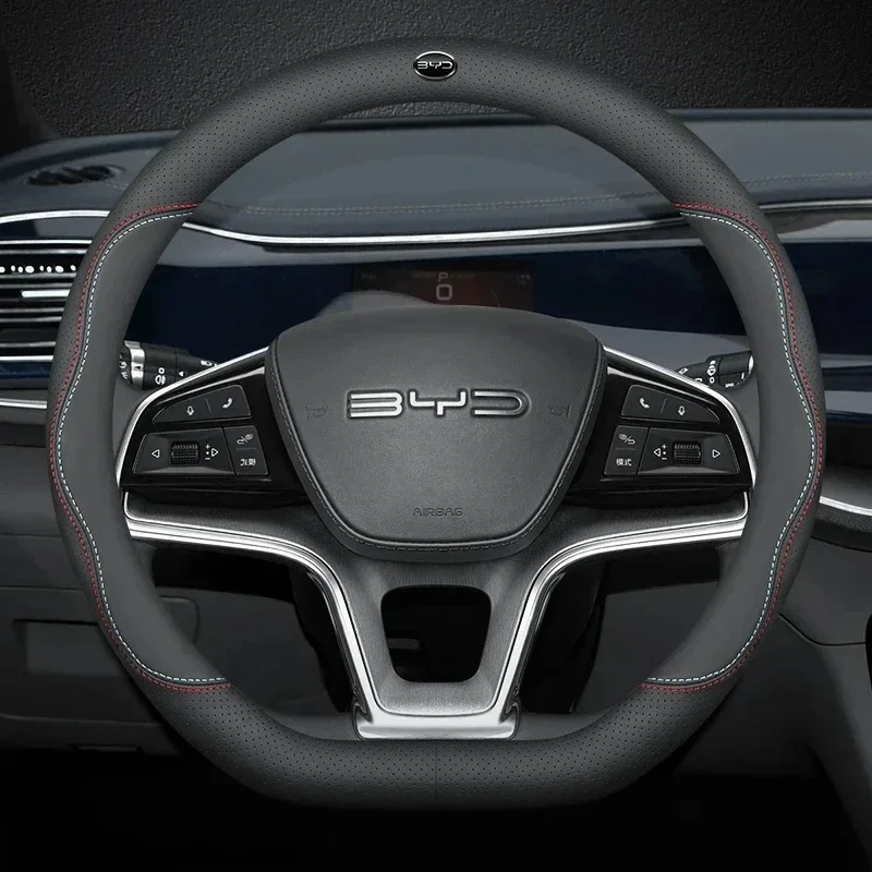 38cm D-shape Leather Car Steering Wheel Cover Suitable for BYD Atto 3 Dolphin Seal Sea Lion 05 Destroyer 05 Han Tang-i Luxury