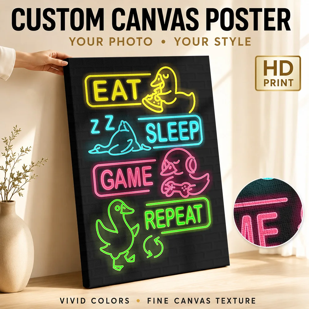Eat Sleep Game Repeat Neon Ducks Canvas Print Posters Minimalist Style Wall Art With Personalized Photo For Study Ideal Fan Gift