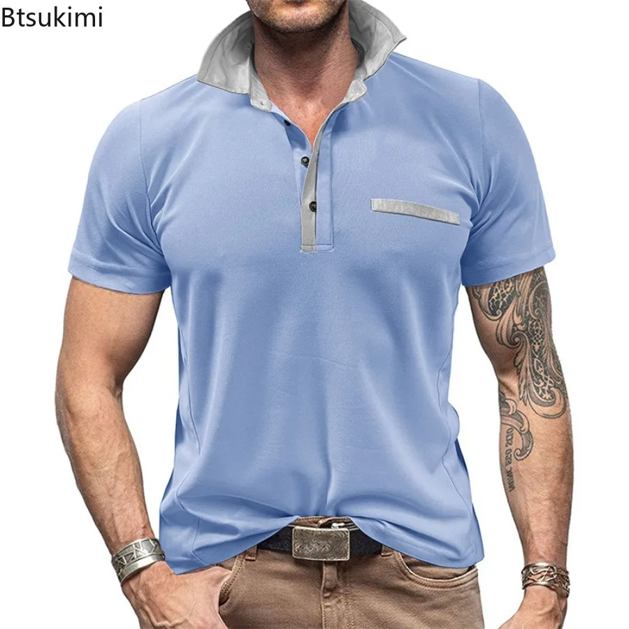 

New Men's Summer Patchwork Polo Shirts Fashion Contrast Color Design Short Sleeve Lapel T-shirts Men Business Casual Sport Tops