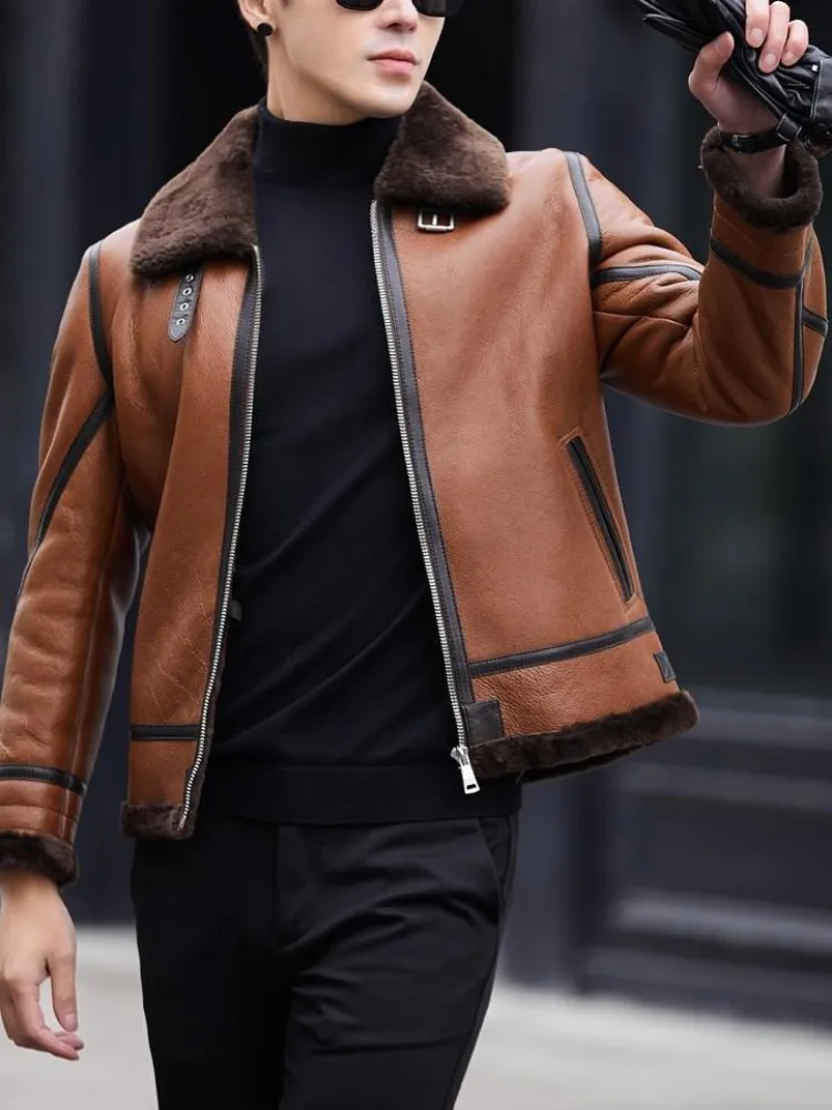 الأعمال عارضة رفض طوق جيوب سترة جلدية حقيقية بلون سستة جلد الغنم الذكور طويلة الأكمام ملابس خارجية