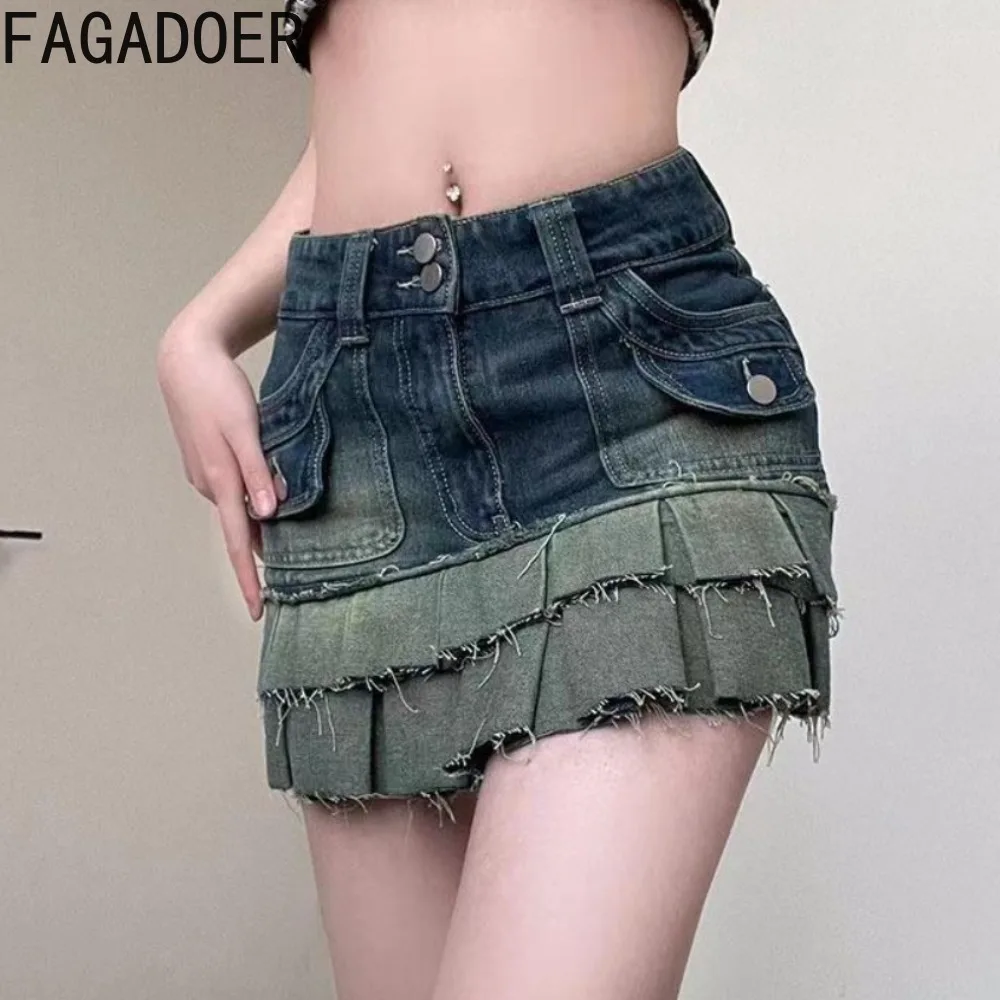 

FAGADOER Retro Blue Fashion Pocket Cargo Denim Pleated Skirts Women High Waist Button Mini Skirts Female Gradient Cowboy Bottoms