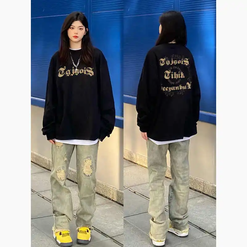 

2024 autumn and winter new niche tide brand printed crew neck sweater tide brand sweater loose casual pure cotton sweater