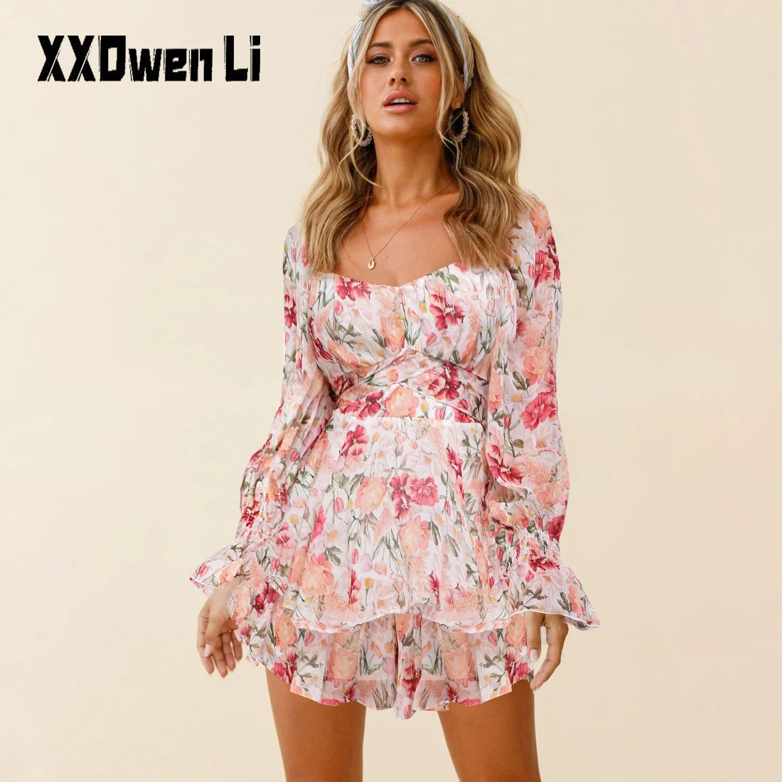 Women\'s Chiffon Long Sleeves Jumpsuit Lace Up Ruffle Floral Print Romper Female Playsuit Ladies Sexy Square Collar Jumpsuit