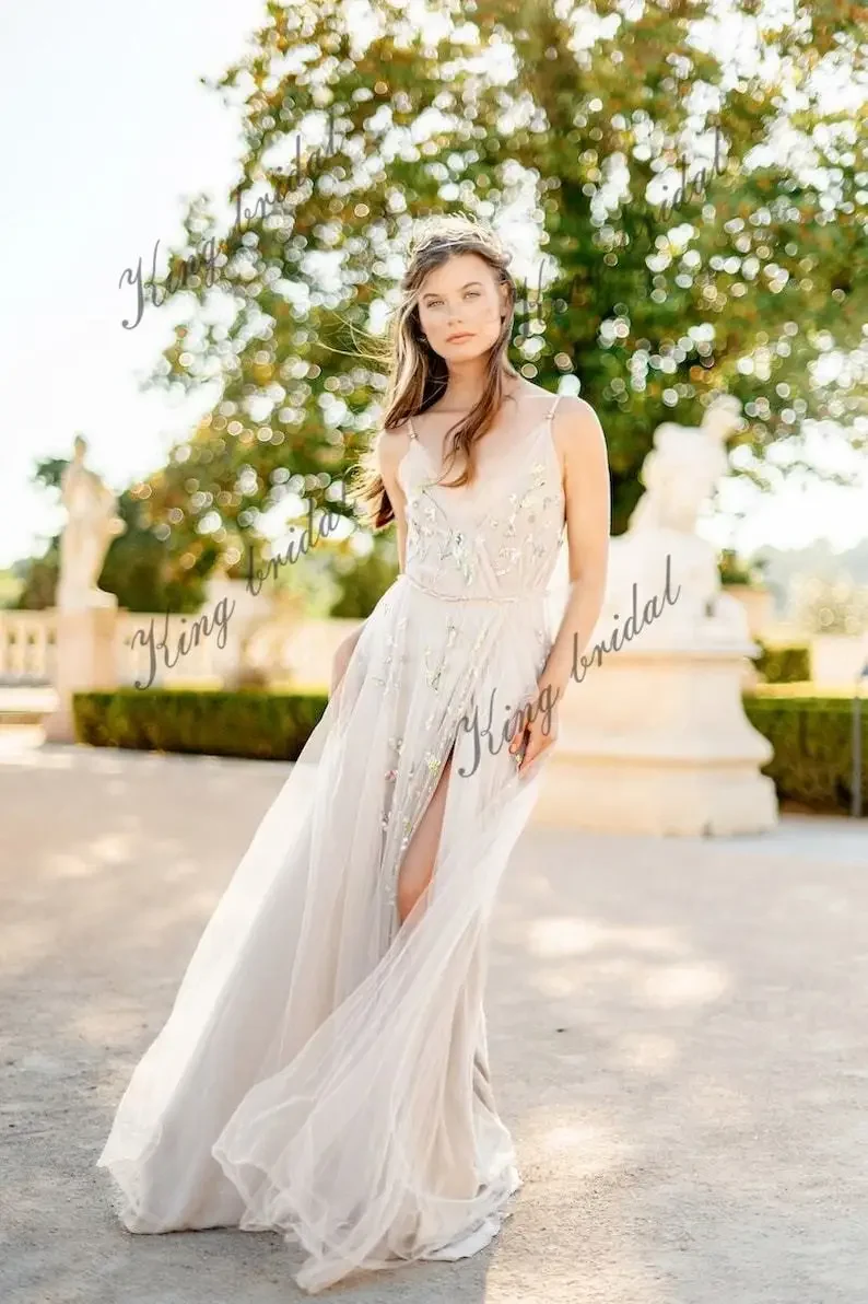 Vestido de novia sencillo, vestido de novia bohemio con hendidura, bordado a mano, sin mangas, espalda abierta, vestido de novia Beige