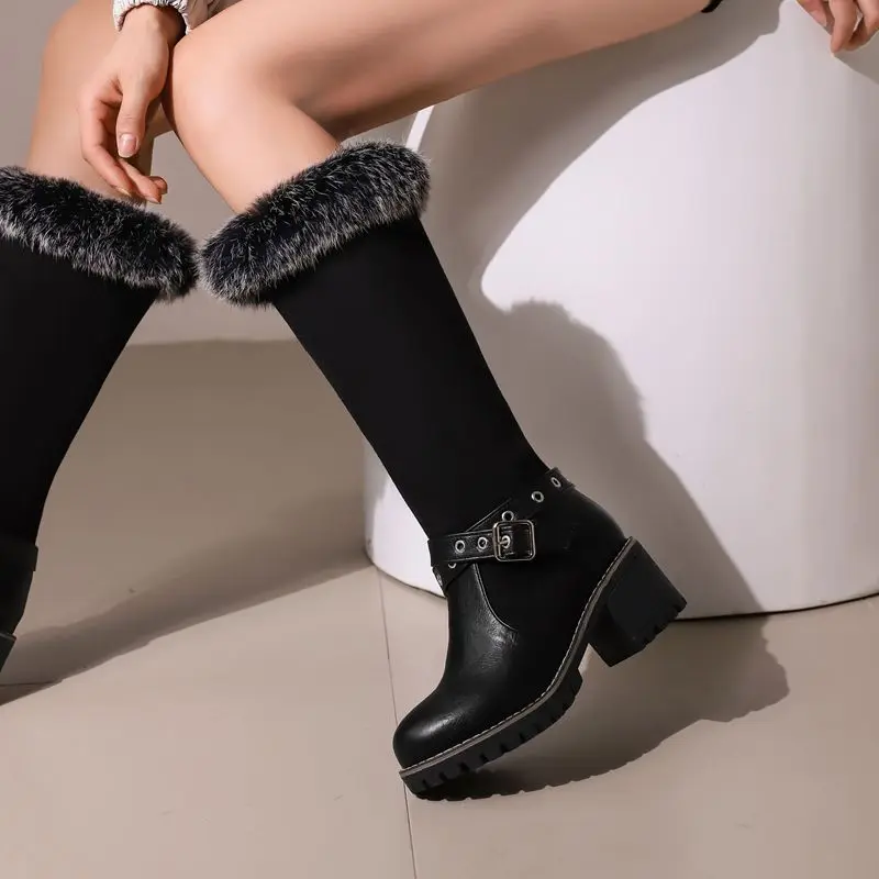 ORCHA LISA Women's Knee High Snow Boots Round Toe 4cm Block Heel Slip On Belt Buckle Plus Size 42-43 Classic Retro Warm Winter