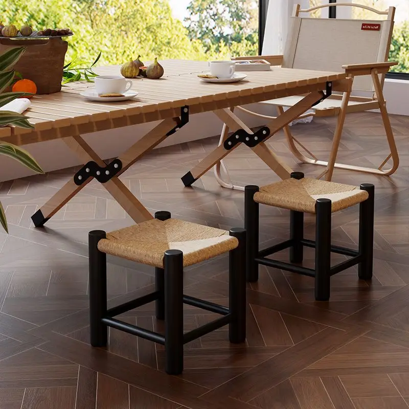 

Solid Wood Rattan Low Stool Home Door Shoe Change Stool Living Room Retro Four-legged Small Bench Balcony Foot Step Rest