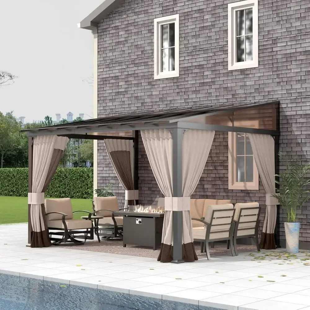 

10ft x 12ft Multi-Functional Outdoor Gazebo with Sloped Roof, Wall-Mounted, Galvanized Steel for Backyard Deck in Khaki