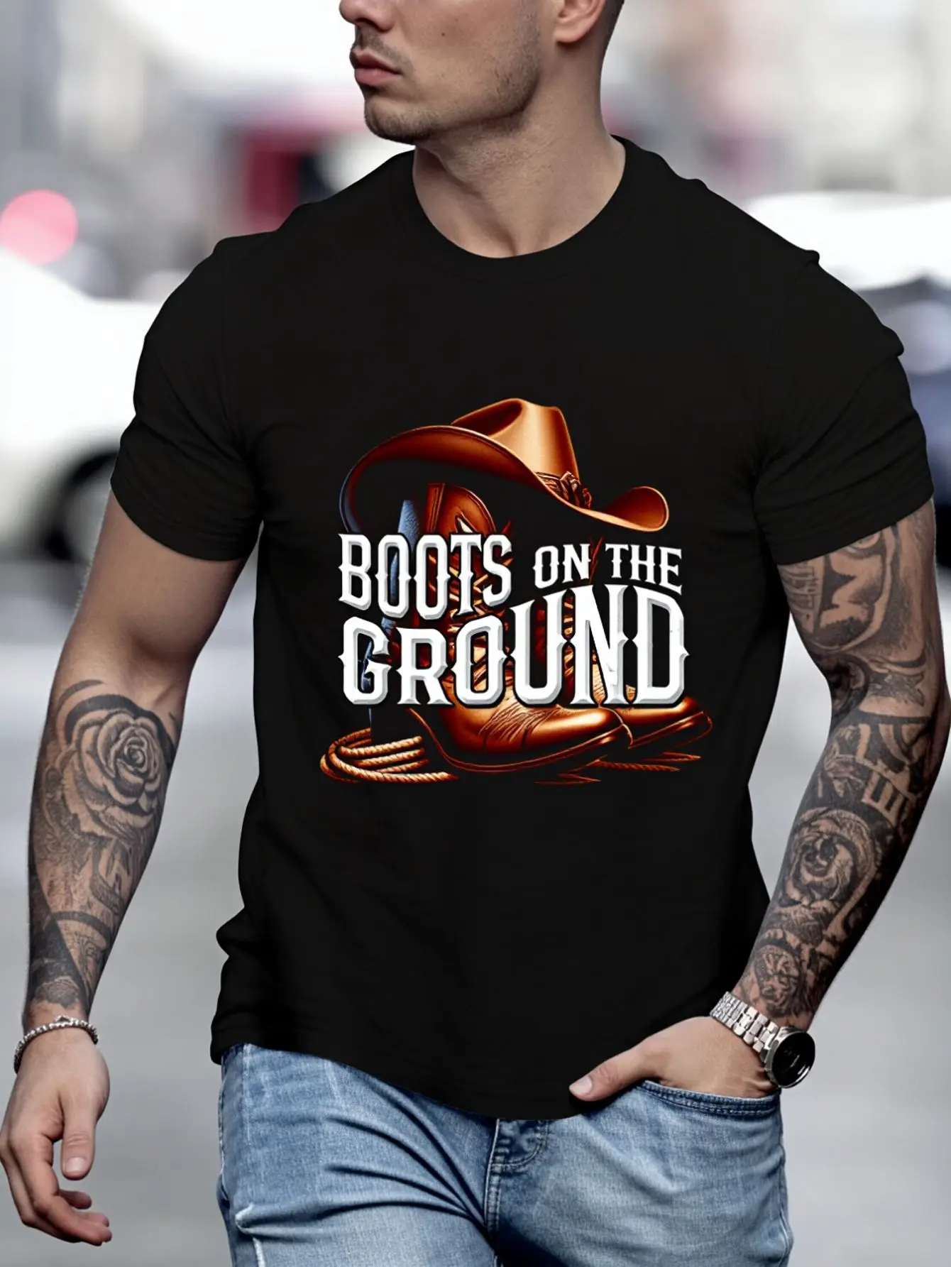 100% Cotton Boots On The Ground, Cow Linedance, Boot Cow Western T-Shirt Street Hip-Hop Style Men's T-Shirt