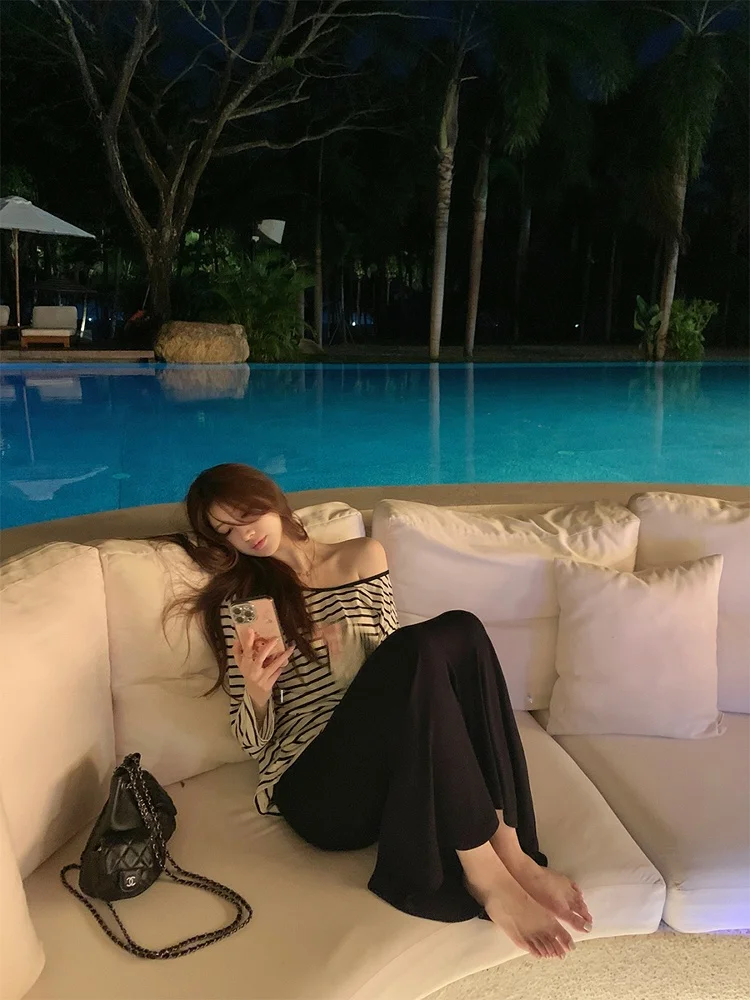 

CloudSweet модальная полосатая тонкая длинная футболка на одно плечо женский летний солнцезащитный топ круглый Ne стандартная посадка из смеси льна