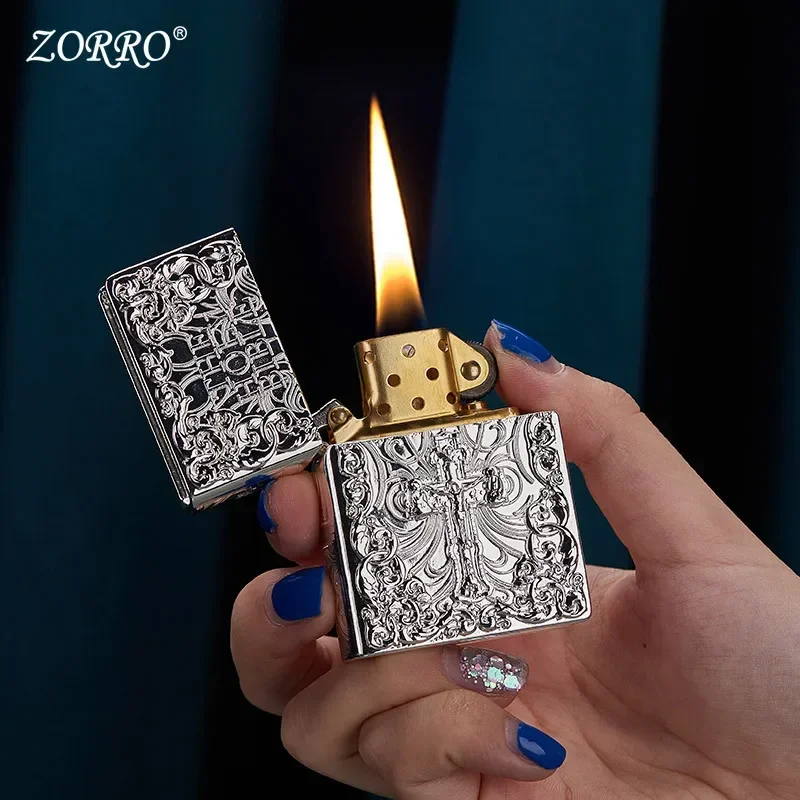 ZORRO Armor Embossed Pure Copper Kerosene Lighter Classic Grinding Wheel Ignition Windproof High-grade Lighters Smoking Tool