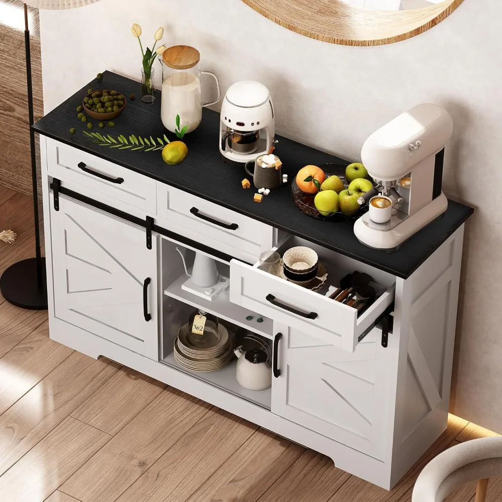 Farmhouse Sideboard Buffet Cabinet with Storage, Farmhouse Wine Bar Cabinet w/Sliding Barn Door,  Sideboards for Kitchen