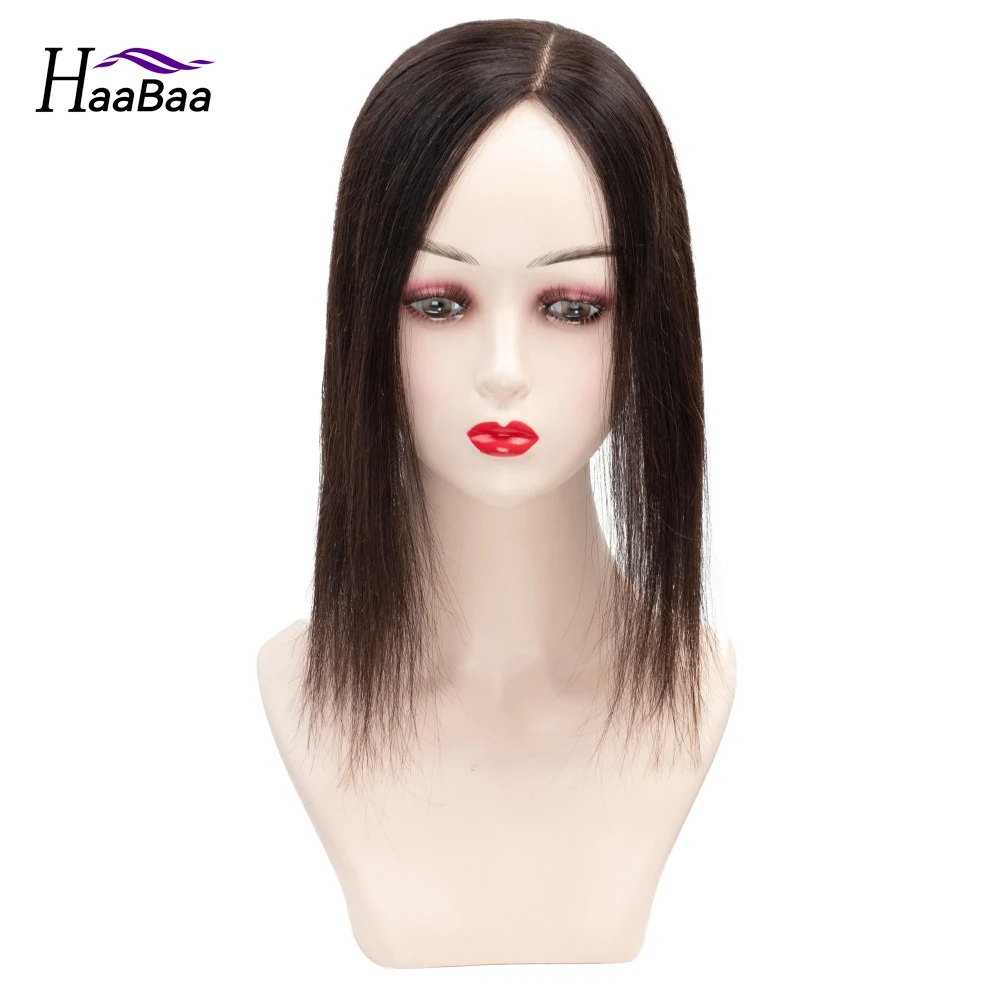 Peças cheias do cabelo humano do laço para mulheres, cor preta natural, parte esquerda, perucas mono do topper, 3 grampo Ins, 10-16"