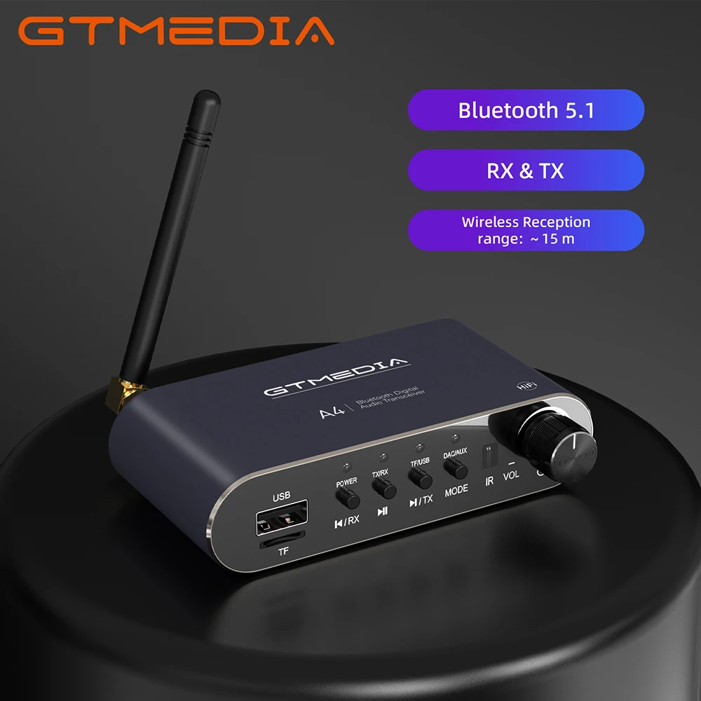 

GTMEDIA A4 New Portable Bluetooth Receiver 5.1 Bluetooth Transmitter 4 in 1 Bluetooth Adapter RX: A2DP/AVRC,TX: A2DP SBC AAC