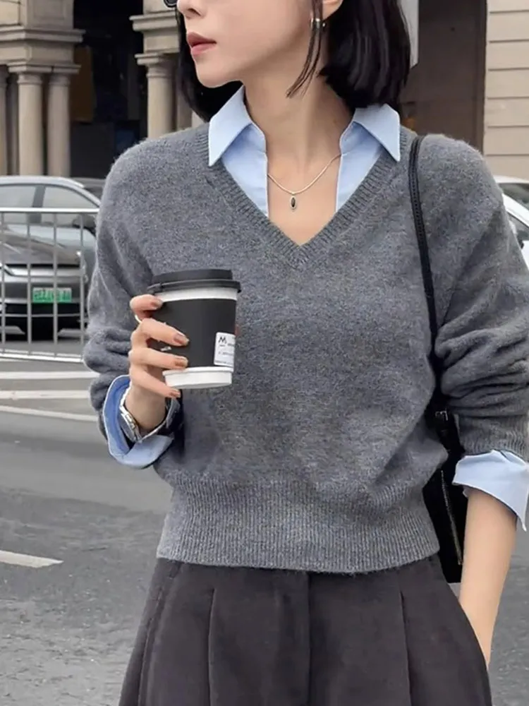 

Корейский стильный комфортный трикотажный джемпер с длинными рукавами, повседневный универсальный женский топ, стройнящий, модный, новинка