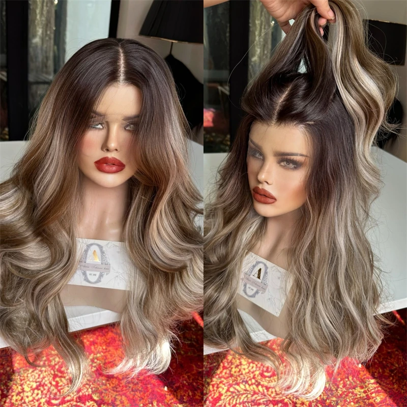 

13x4 Ombre Balayage Brown Blonde HD Lace Front Wig 180% High Density Full Wigs High Quality Synthetic Wig Preplucked Hairline