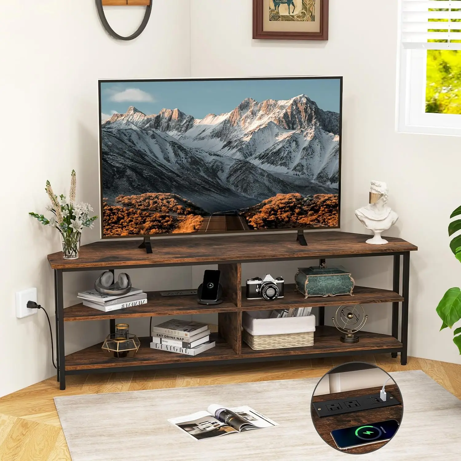 

Corner TV Stand for TVs up to 65”, TV Console Table w/AC Outlets, USB A Ports, USB C Port, Metal Frame & Storage Shelves