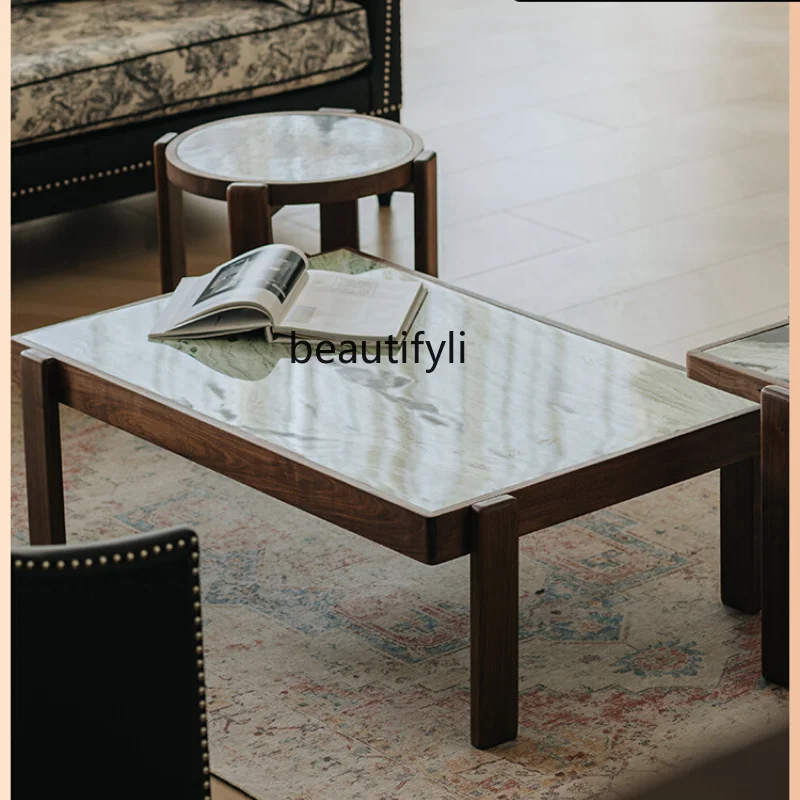 

Marble Tea Table Natural Luxury Stone Solid Wood Living Room Black Walnut Italian Combination