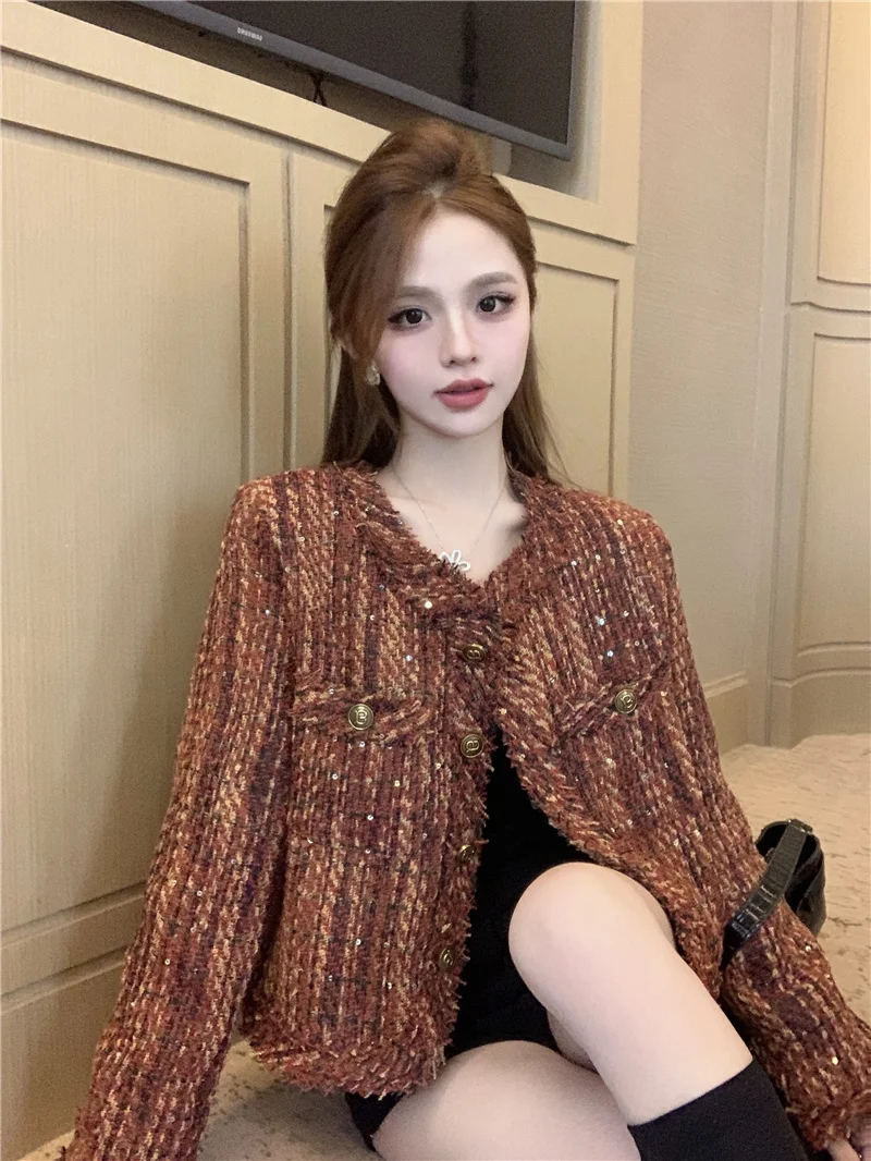 

Women 2024 Spring New Coat Style Coarse Tweed Tassel Round Neck Short Jackets