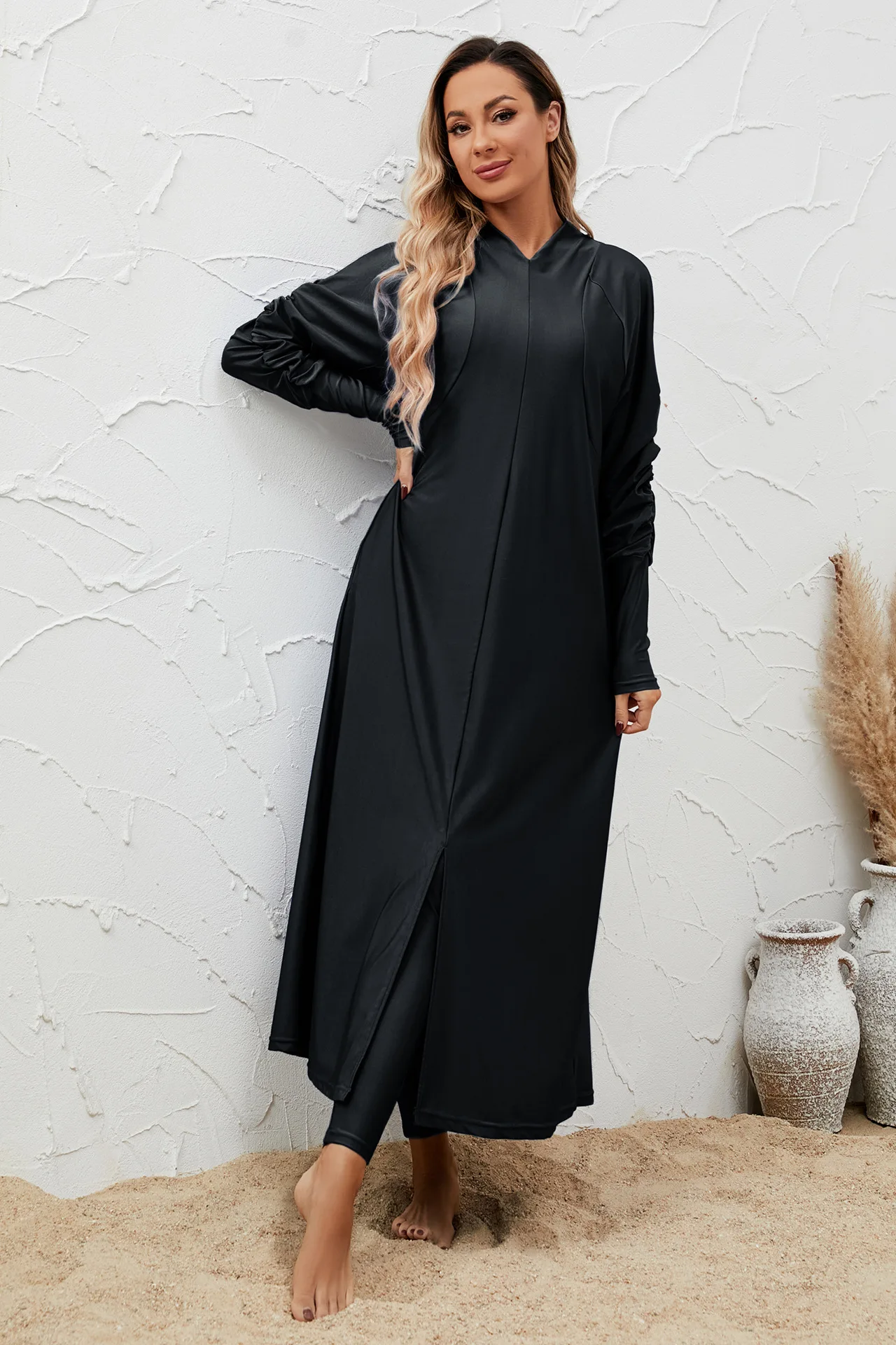 

Muslim Women Full Cover Burkini Swimwear Modest Black Swimsuit 3-Piece Set Tops Pants Caps Islamic Arabic Beachwear Bathing Suit