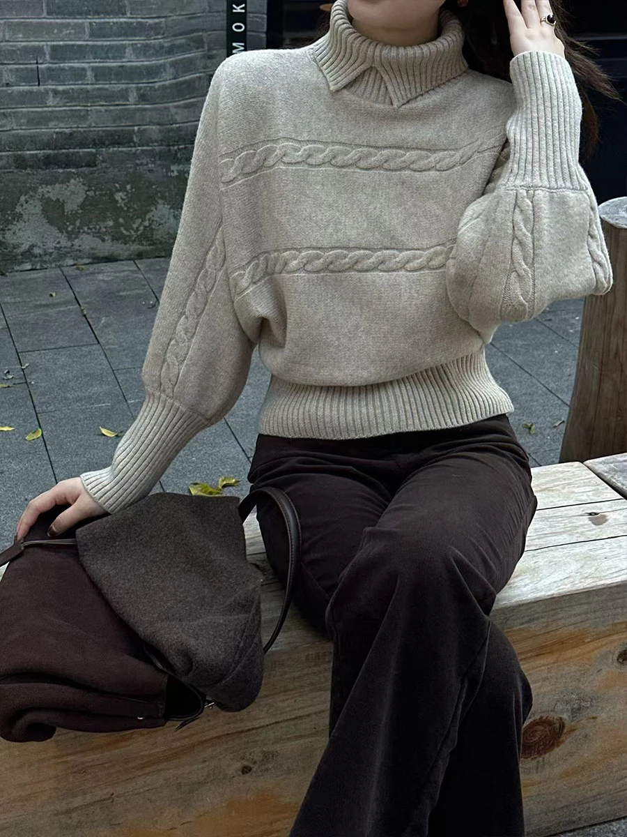 

LZY Zhin Autumn Winter Slimming High Collar Design Twist Wool Knitwear Ele Sle Women's Loose Fit Long Sve Sweater