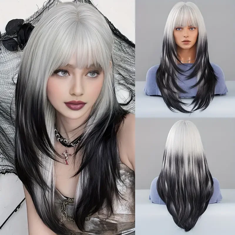 

Testar модные длинные прямые синтетические парики от серого до черного цвета, гладкие блестящие повседневные вечерние парики из термостойкого волокна для женщин