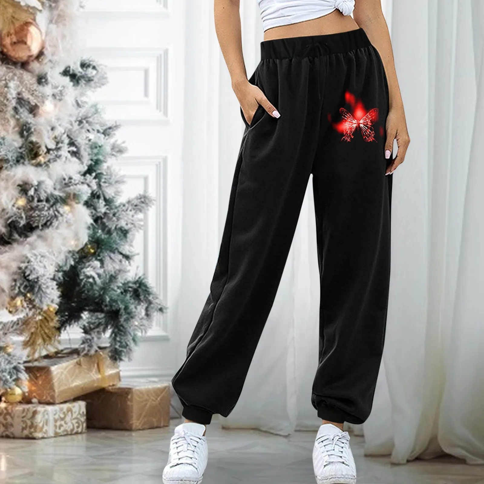 

Женские повседневные свободные брюки на завязках с высокой талией и принтом в виде бабочек