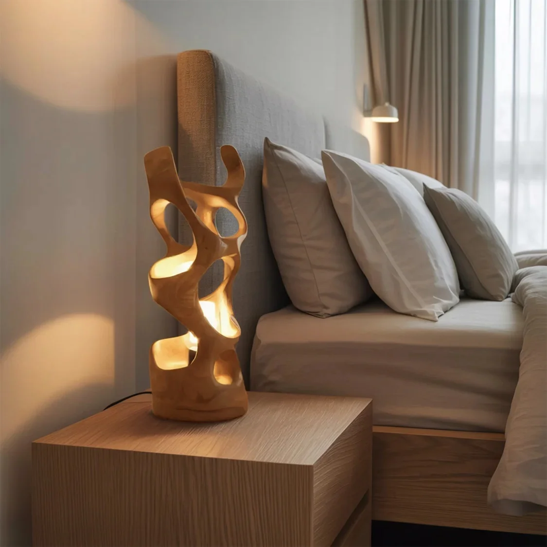 Abstract Hollowed Solid Wood Craft Table Lamp-Flowing Grain Handcarved Lighting H40cm Irregular Shape Freestanding Contemporary