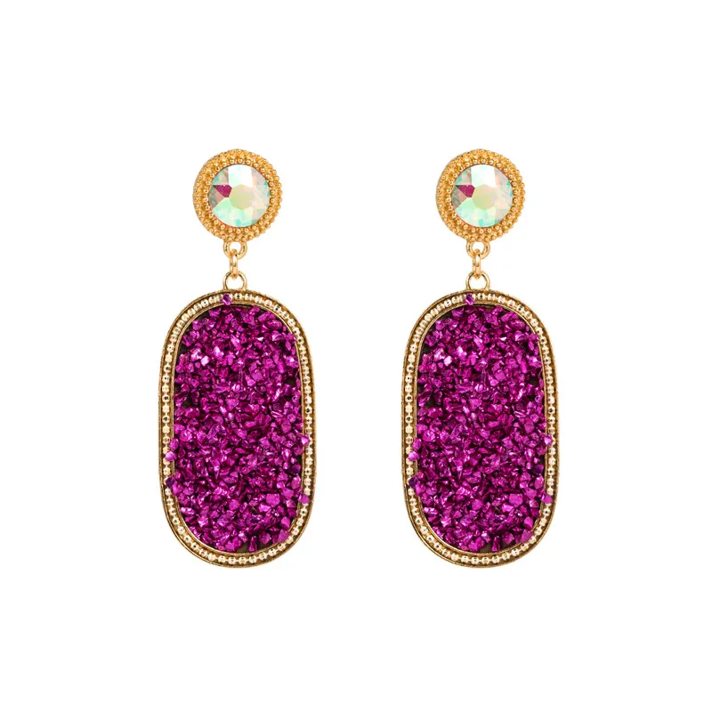 Luxury Wedding Party Women's Shiny Rhinestones Gold Drop Earrings Jewelry Fuchsia Accessories