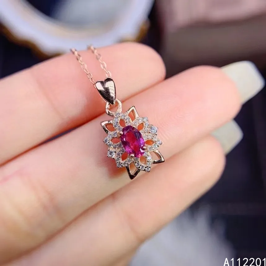 

Fine Jewelry 925 Sterling Silver Inset With Natural Gemstones Women Popular Lovely Flower Pyrope Garnet Pendant Necklace Support