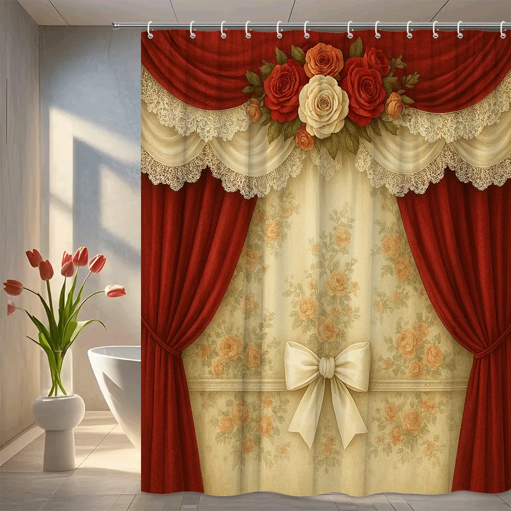 

Elegant Red and Gold Curtain Style Shower Curtain Vintage Rose Pattern with Lace Bow Waterproof Easy to Install Elevate Space