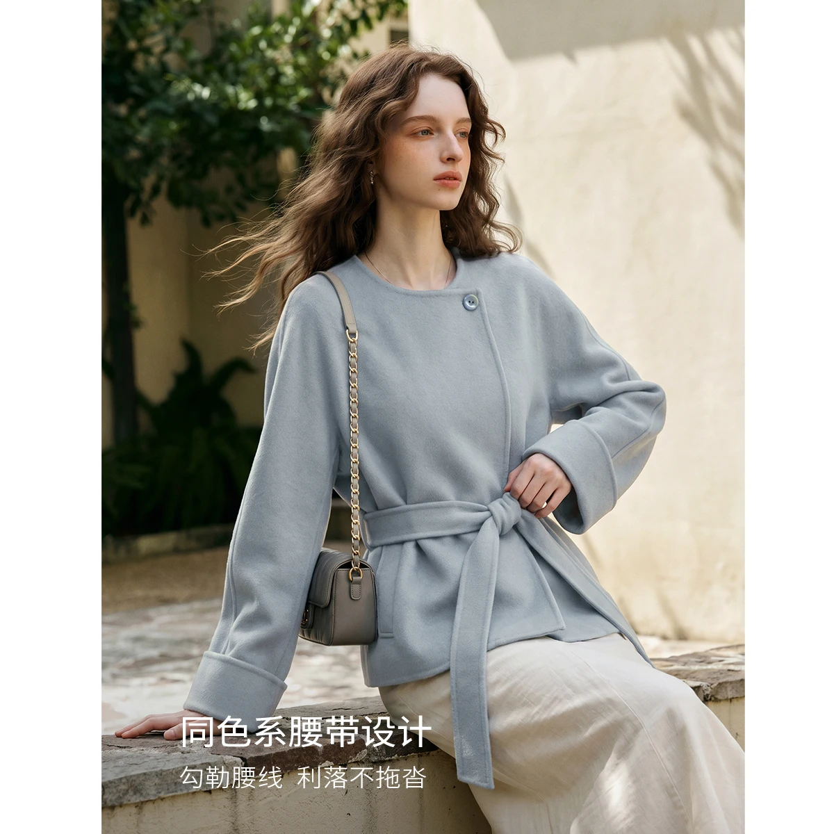 OLrain tweed jacket women's clothing 2026 autumn and winter new blue French commuter lace-up waist fashion top GO58QS011258