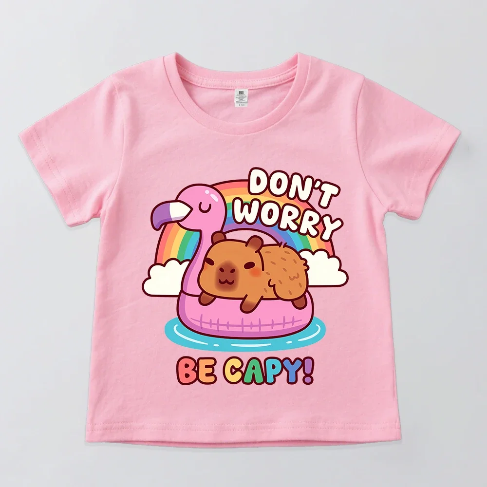 Cute Capybara Chill On Flamingo Float Don't Worry Be Capy Print Kids Cotton Short Sleeve T Shirt Summer Casual Boys Girls Top