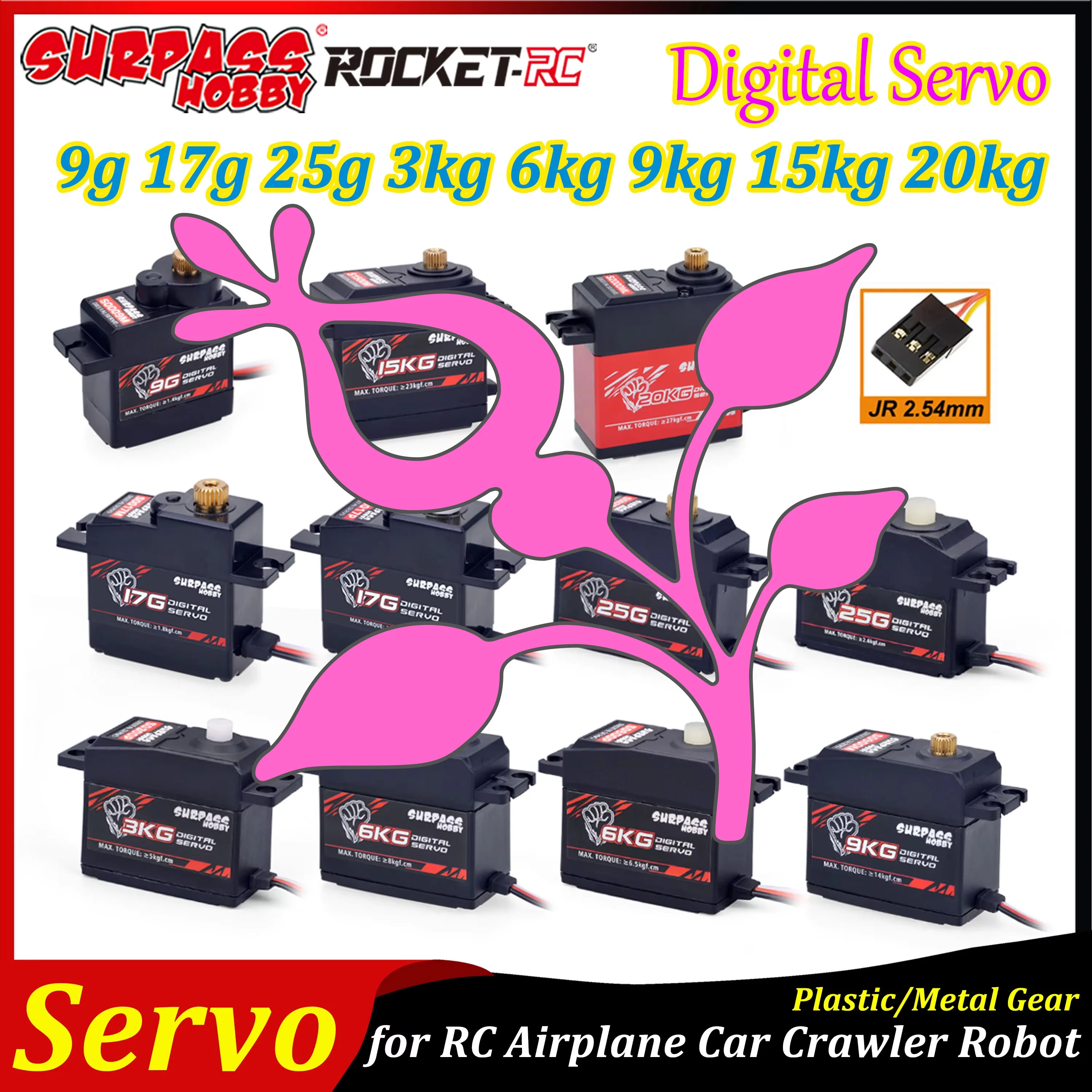 

Surpass Hobby Digital Servo 9g 17g 25g 3kg 6kg 9kg 15kg 20kg Plastic/Metal Gear Servos for RC Airplane Car Crawler Robot Glider