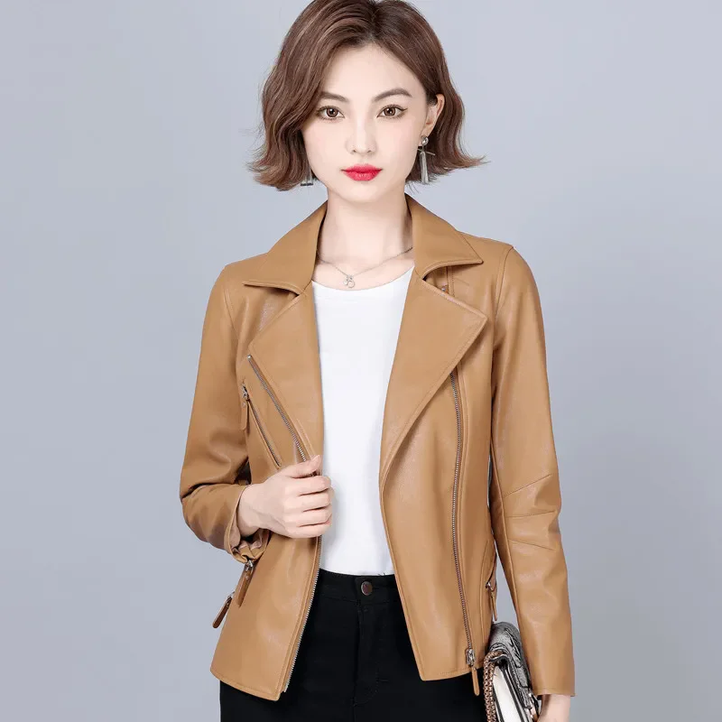 New Women Biker Leather Jacket Spring Autumn Casual Fashion Turn-down Collar Slim Sheepskin Short Coat Split Leather Moto Jacket